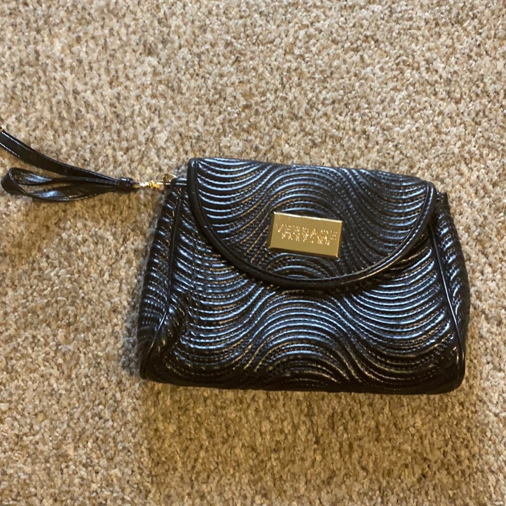 Versace Parfums Quilted Textured Wristlet Clutch Black & Gold New